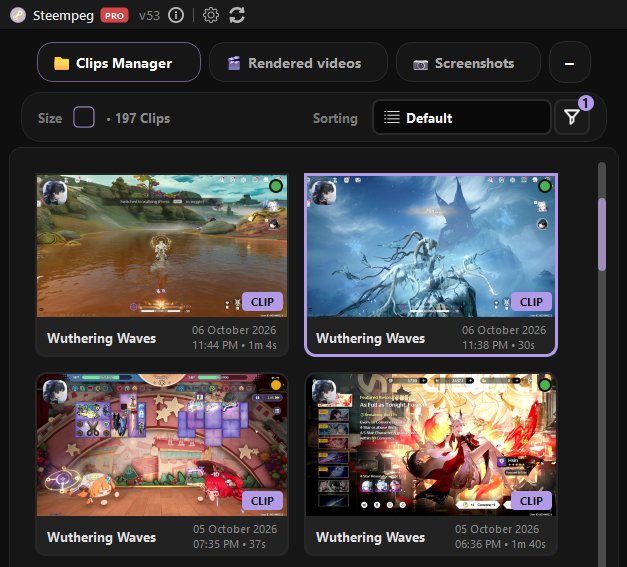 Clips Manager with Big cards; the selected card has a purple border