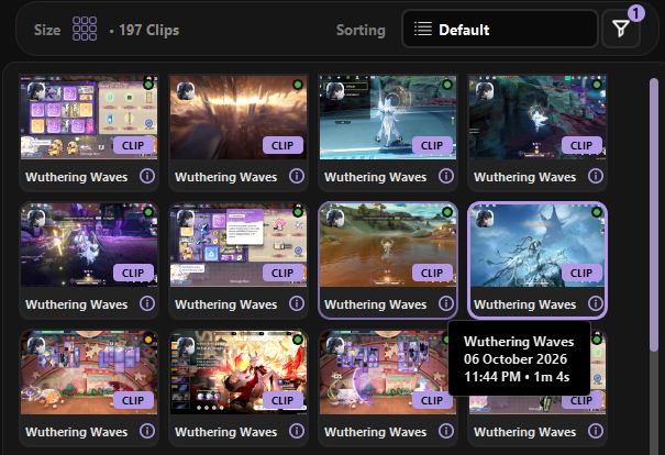Clips Manager with Small cards and the info tooltip